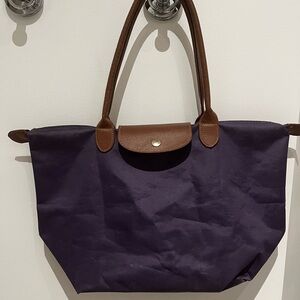 LONGCHAMP  le pliage Purple Tote Bag with brown leather accents
